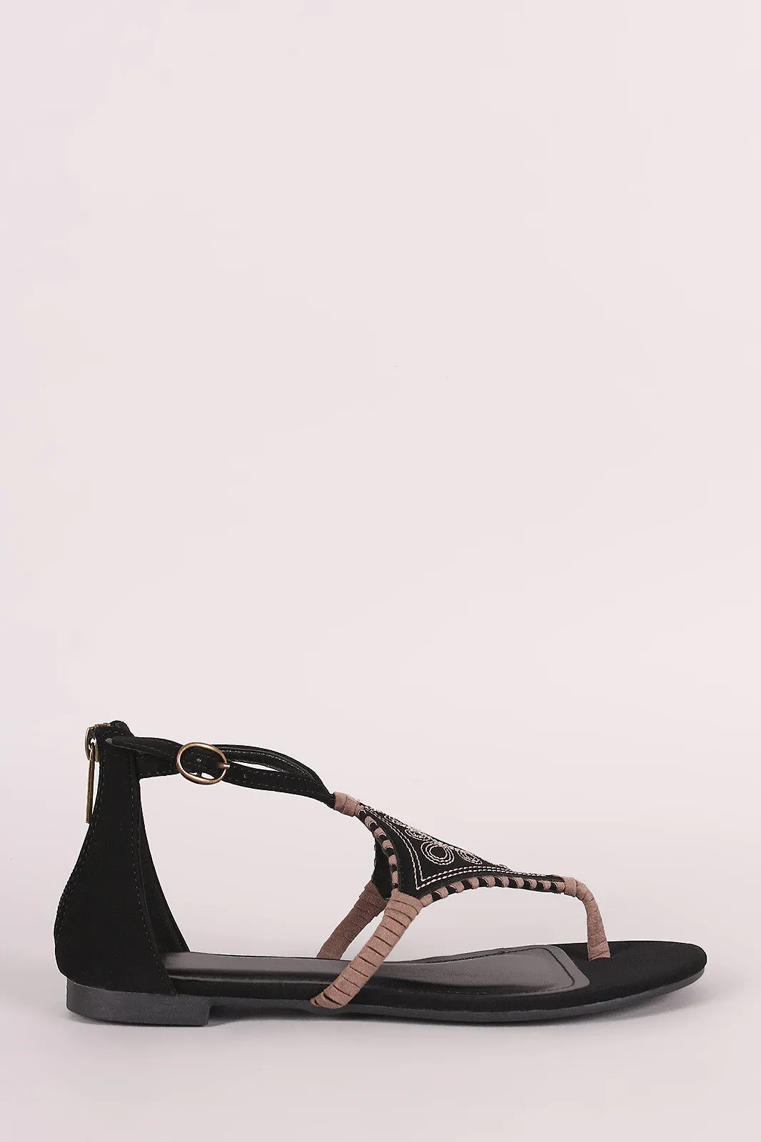 Bamboo Nubuck Embroidery And Whipstitch Thong Flat Sandal