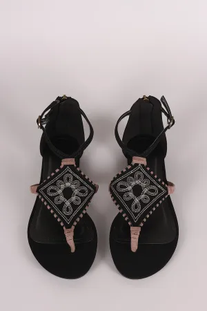 Bamboo Nubuck Embroidery And Whipstitch Thong Flat Sandal