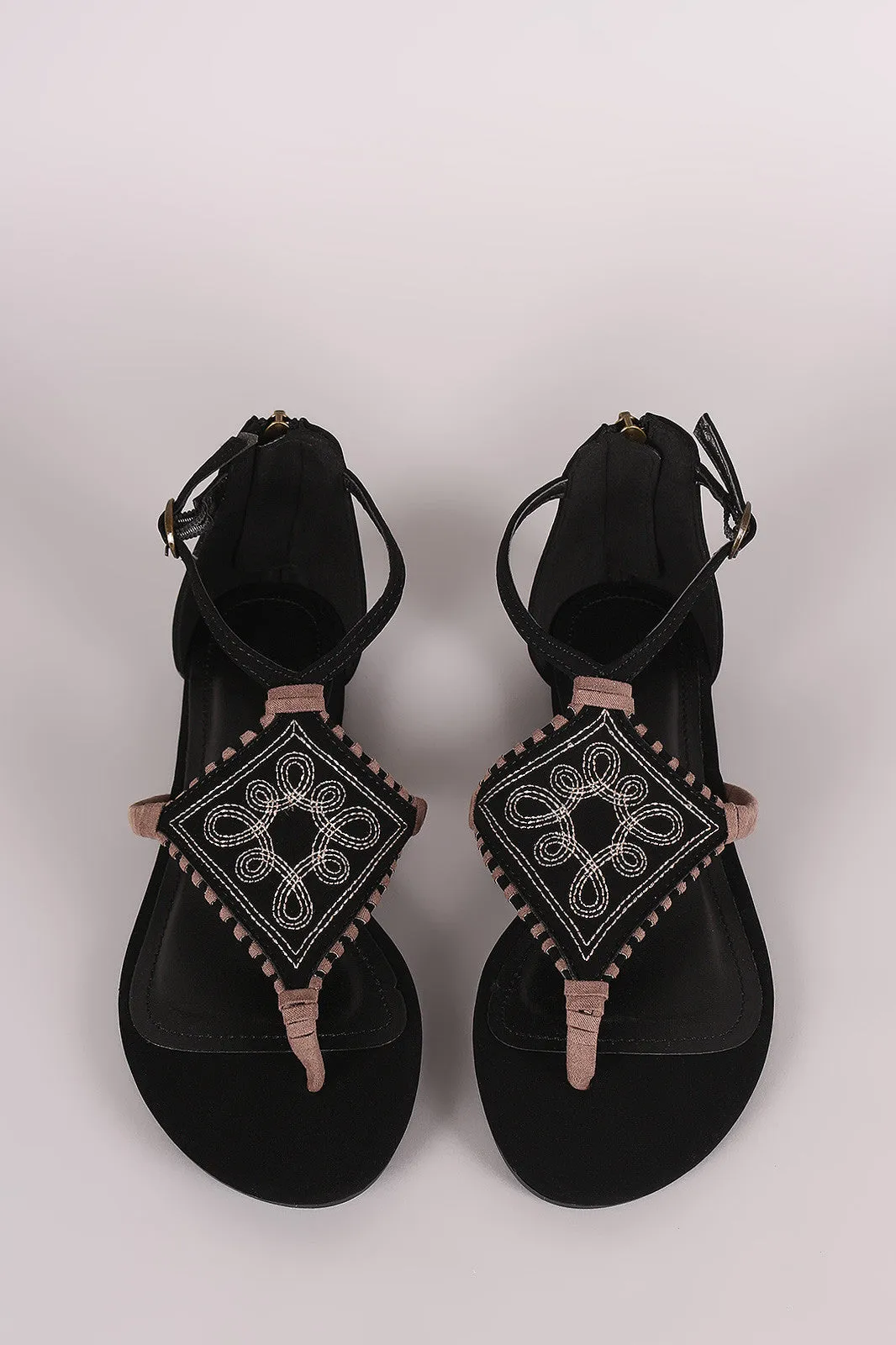 Bamboo Nubuck Embroidery And Whipstitch Thong Flat Sandal
