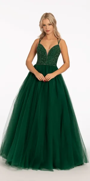Beaded Plunging Tulle Lace Up Back Ballgown