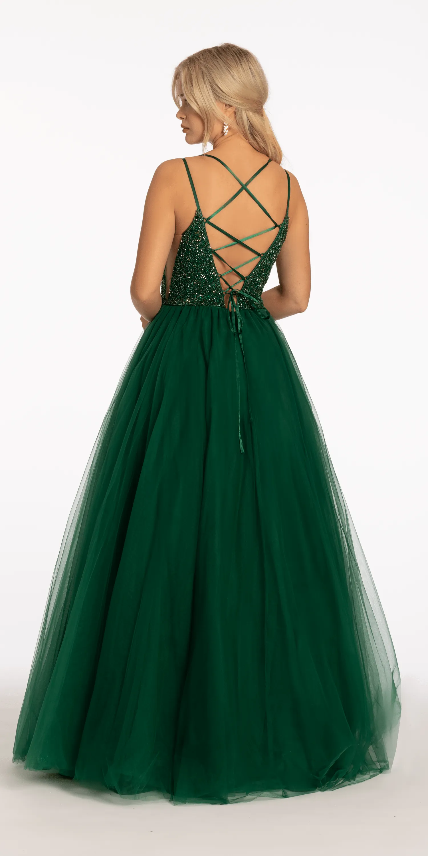 Beaded Plunging Tulle Lace Up Back Ballgown