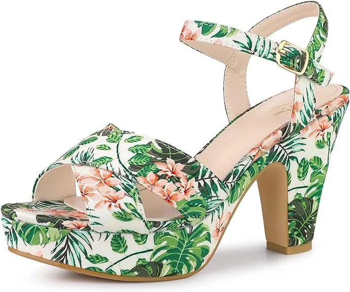 Green Floral Platform Heel Sling Back Sandals