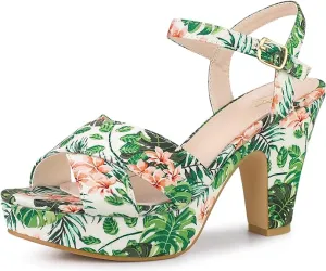 Green Floral Platform Heel Sling Back Sandals