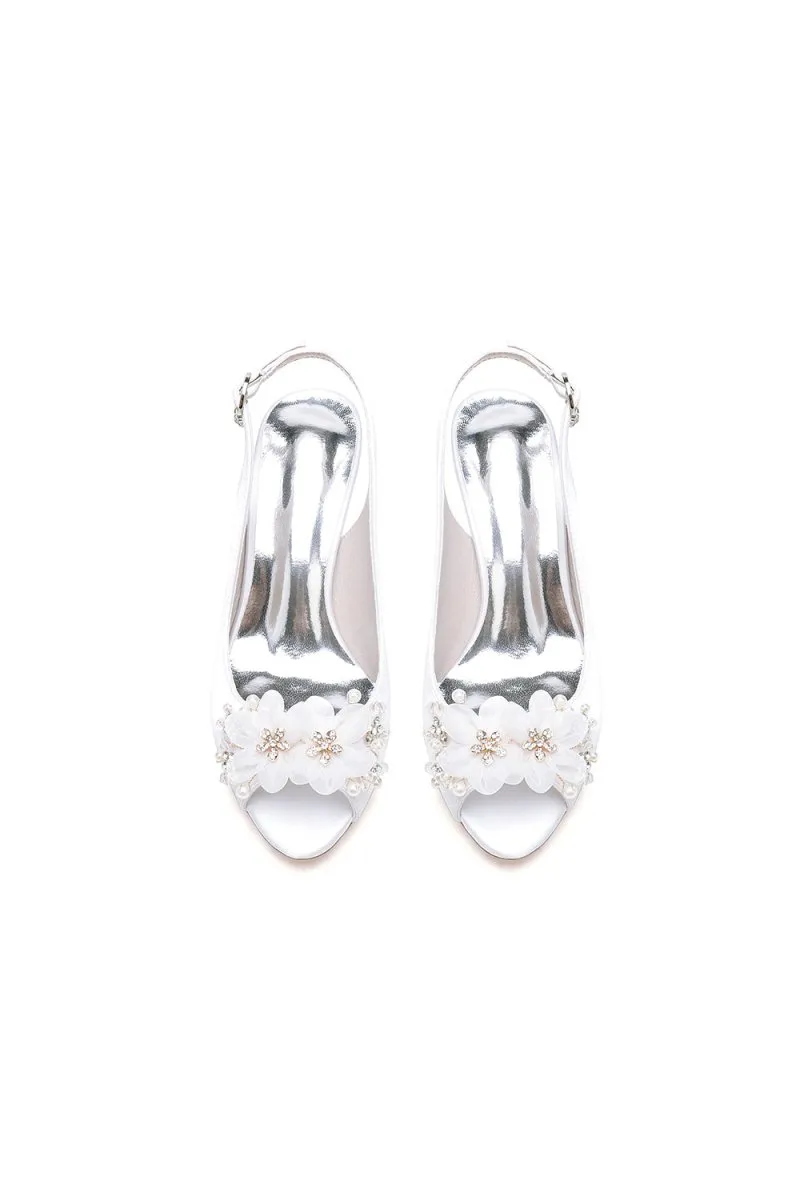 Peep Toe Slingback Beaded Chunky Wedding Shoes with Flowers