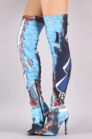 Stretched Graphic Print Pointy Toe Stiletto Over-The-Knee Boots