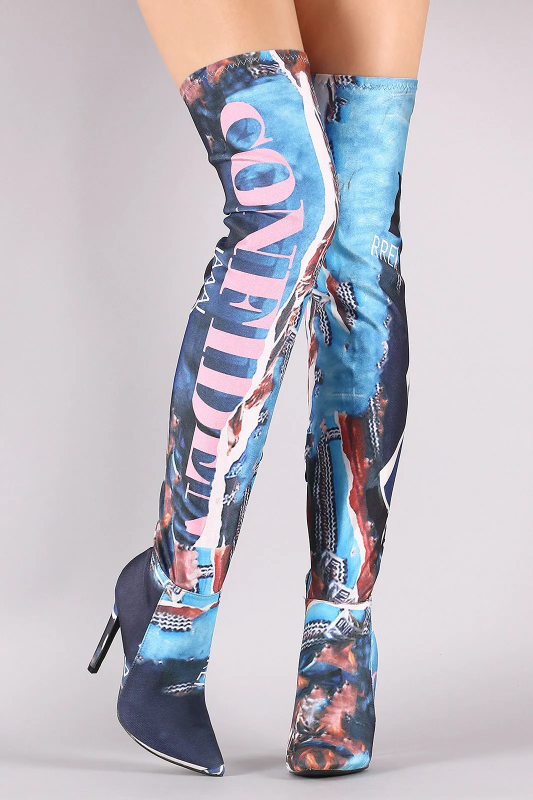 Stretched Graphic Print Pointy Toe Stiletto Over-The-Knee Boots