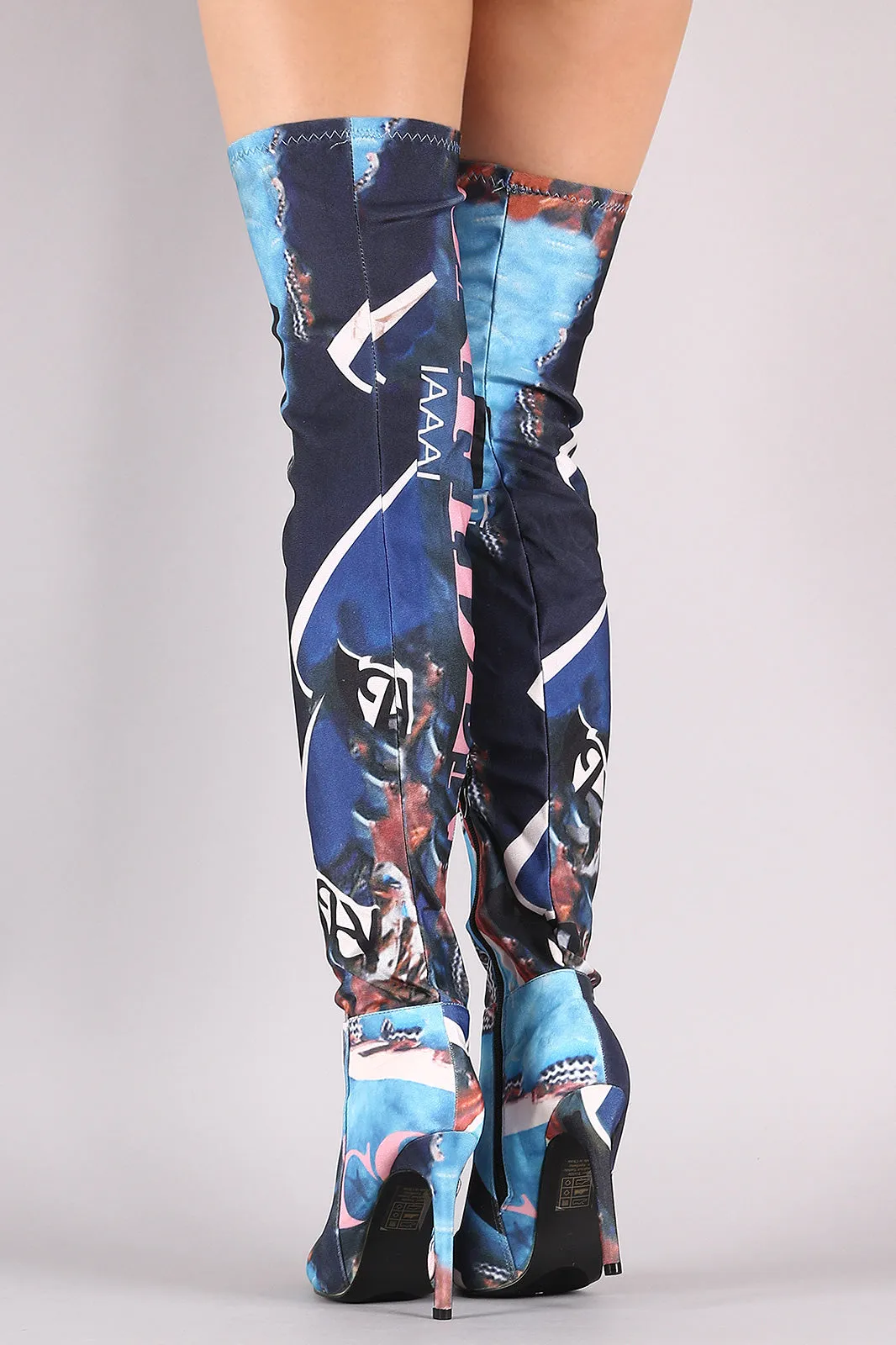 Stretched Graphic Print Pointy Toe Stiletto Over-The-Knee Boots