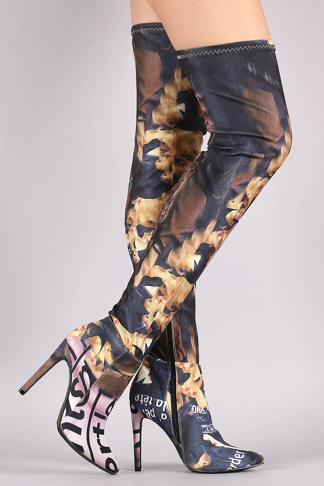 Stretched Graphic Print Pointy Toe Stiletto Over-The-Knee Boots