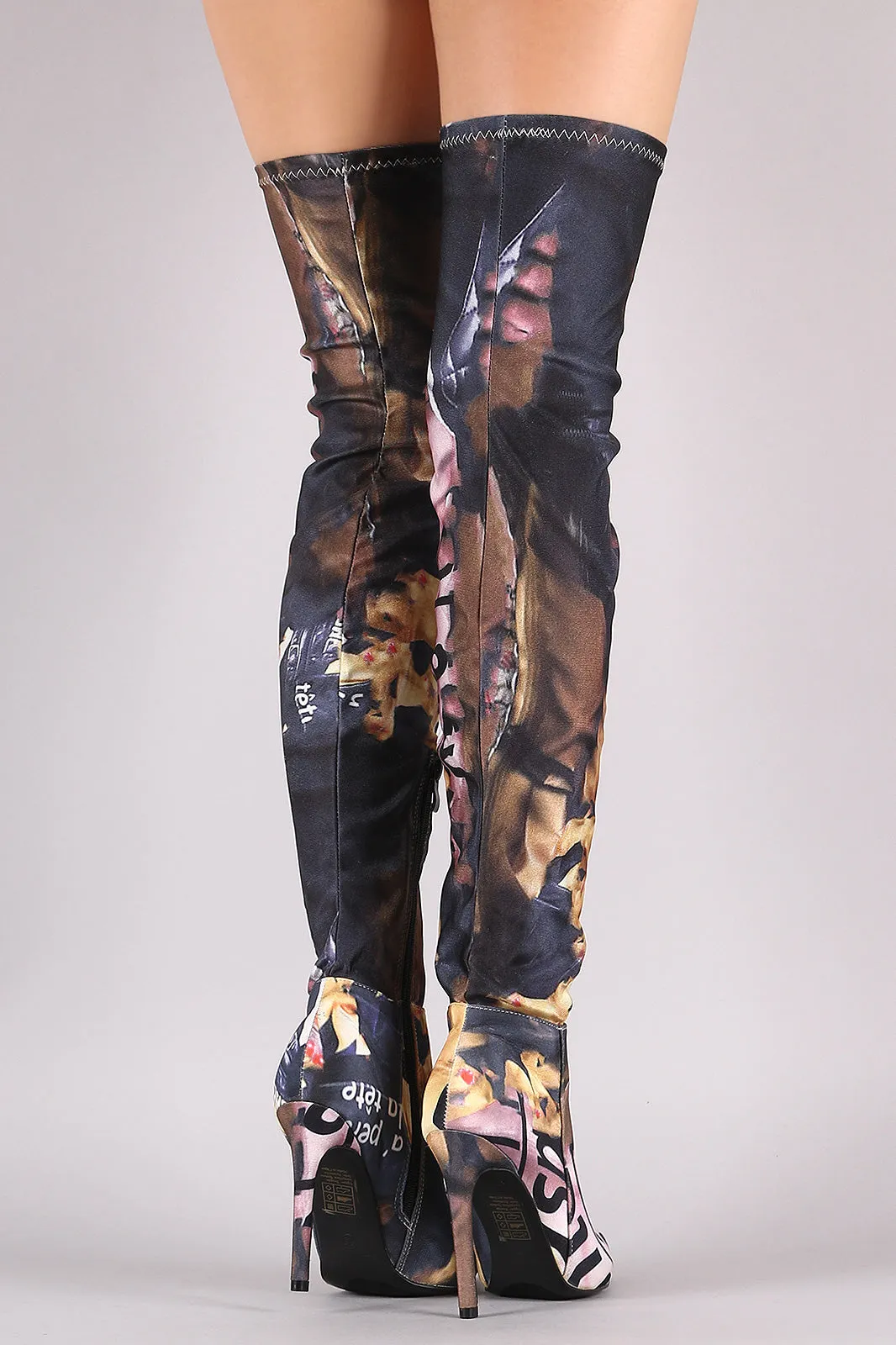 Stretched Graphic Print Pointy Toe Stiletto Over-The-Knee Boots