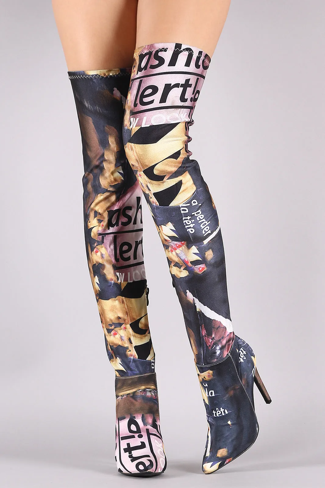 Stretched Graphic Print Pointy Toe Stiletto Over-The-Knee Boots