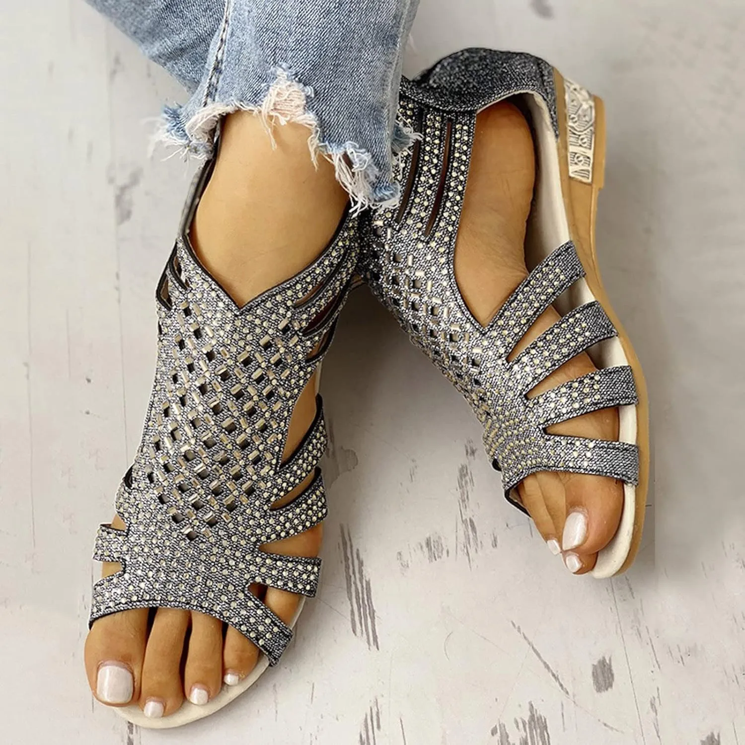 Wedge Sandals For Women Low,Comfortable Walking Sandals for Women Up Zip Out Hollow Crystal Outdoor Shoes Women's Womens Sandals Comfortable Boho Orthopedic Sandals Casual