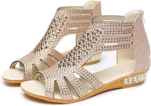 Wedge Sandals For Women Low,Comfortable Walking Sandals for Women Up Zip Out Hollow Crystal Outdoor Shoes Women's Womens Sandals Comfortable Boho Orthopedic Sandals Casual