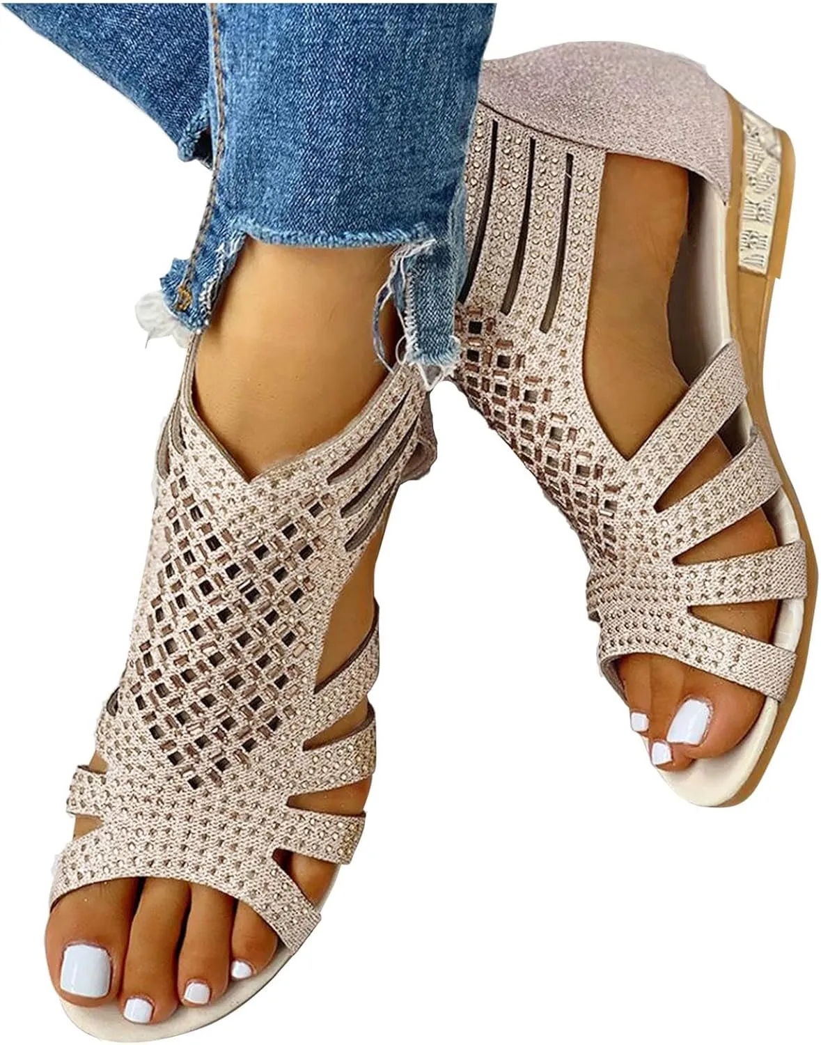 Wedge Sandals For Women Low,Comfortable Walking Sandals for Women Up Zip Out Hollow Crystal Outdoor Shoes Women's Womens Sandals Comfortable Boho Orthopedic Sandals Casual