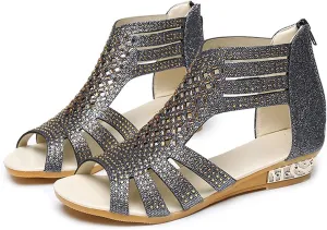 Wedge Sandals For Women Low,Comfortable Walking Sandals for Women Up Zip Out Hollow Crystal Outdoor Shoes Women's Womens Sandals Comfortable Boho Orthopedic Sandals Casual