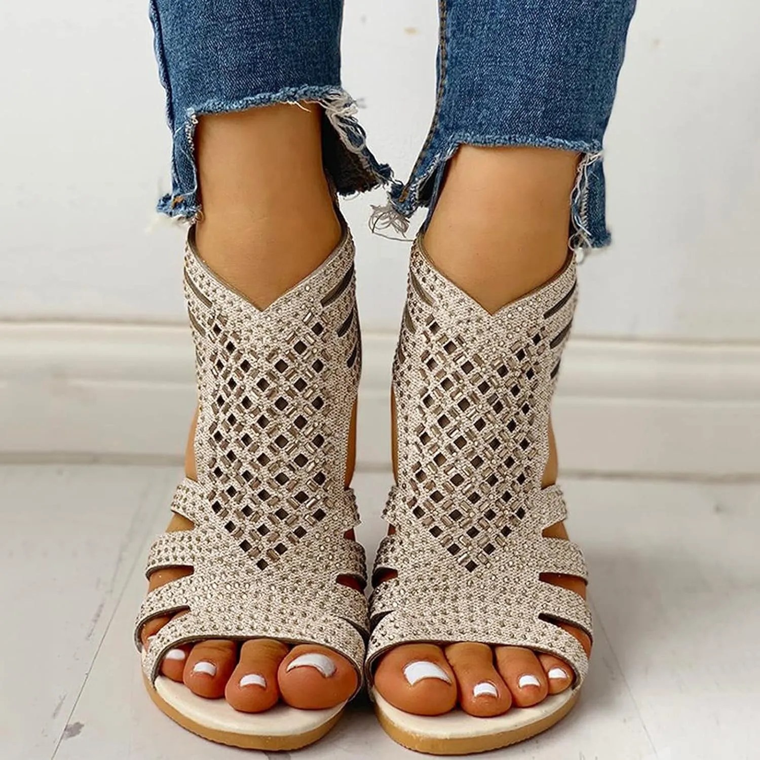 Wedge Sandals For Women Low,Comfortable Walking Sandals for Women Up Zip Out Hollow Crystal Outdoor Shoes Women's Womens Sandals Comfortable Boho Orthopedic Sandals Casual