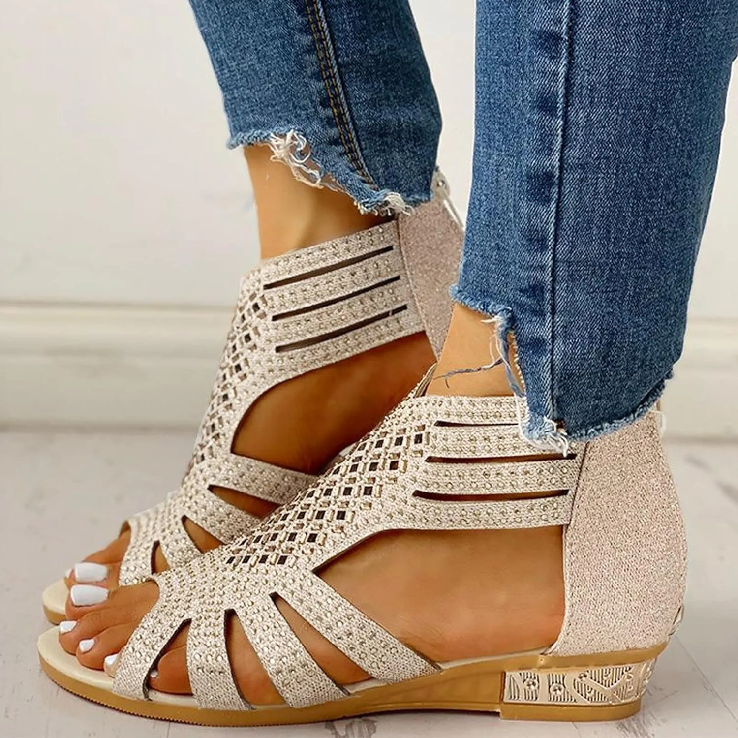 Wedge Sandals For Women Low,Comfortable Walking Sandals for Women Up Zip Out Hollow Crystal Outdoor Shoes Women's Womens Sandals Comfortable Boho Orthopedic Sandals Casual