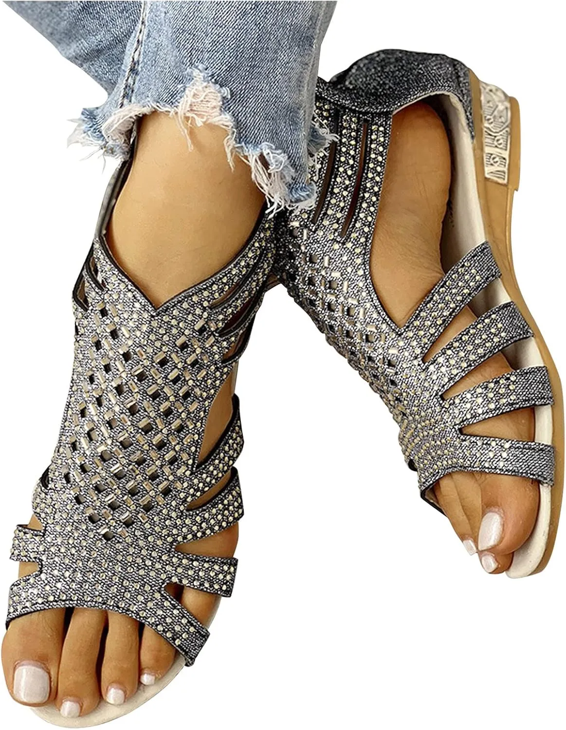 Wedge Sandals For Women Low,Comfortable Walking Sandals for Women Up Zip Out Hollow Crystal Outdoor Shoes Women's Womens Sandals Comfortable Boho Orthopedic Sandals Casual