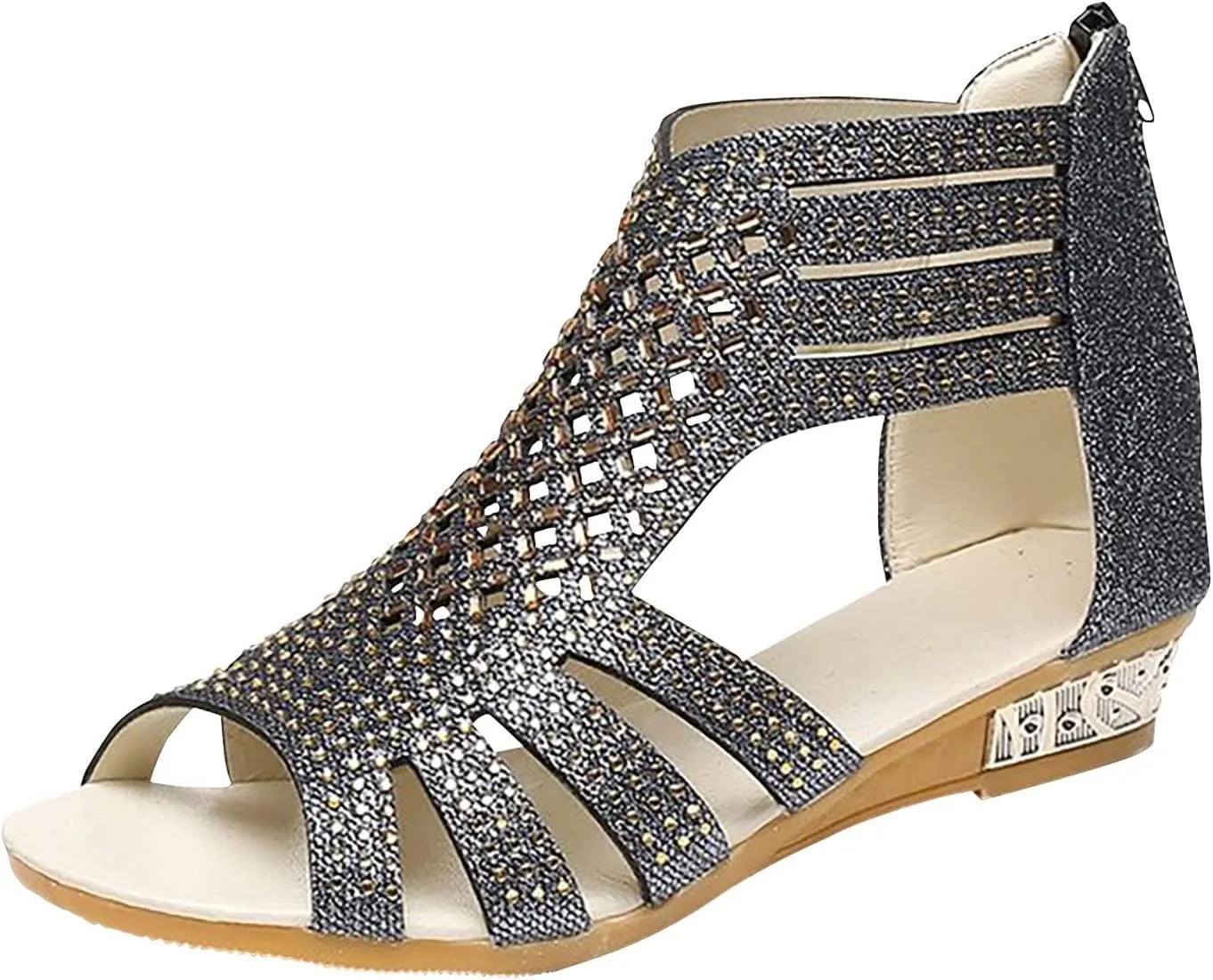 Wedge Sandals For Women Low,Comfortable Walking Sandals for Women Up Zip Out Hollow Crystal Outdoor Shoes Women's Womens Sandals Comfortable Boho Orthopedic Sandals Casual