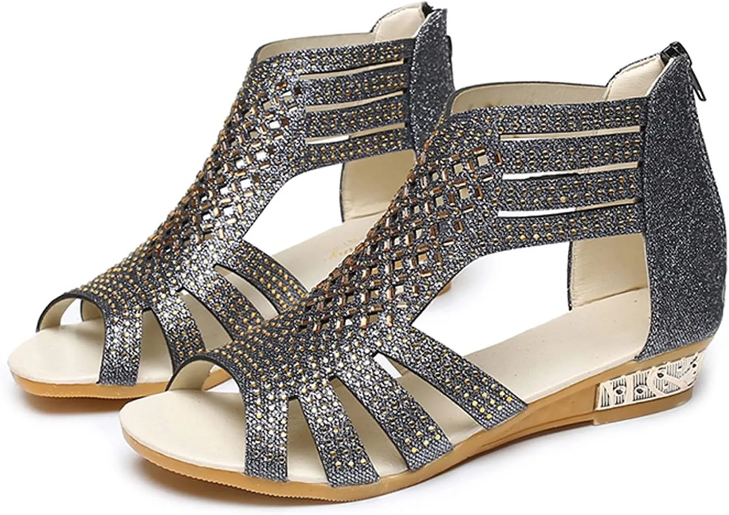 Wedge Sandals For Women Low,Comfortable Walking Sandals for Women Up Zip Out Hollow Crystal Outdoor Shoes Women's Womens Sandals Comfortable Boho Orthopedic Sandals Casual