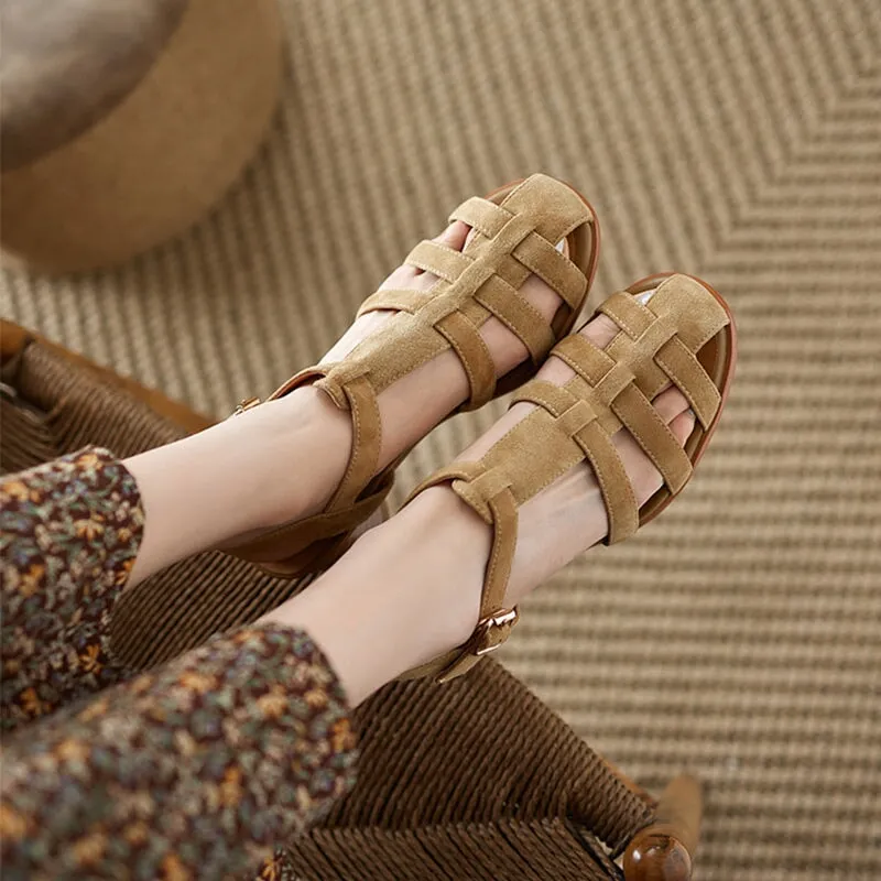 Womens Fisherman Shoes Handmade Suede Leather T Strap Gladiator Sandals in Green/Brown/Apricot