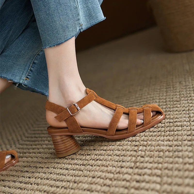 Womens Fisherman Shoes Handmade Suede Leather T Strap Gladiator Sandals in Green/Brown/Apricot