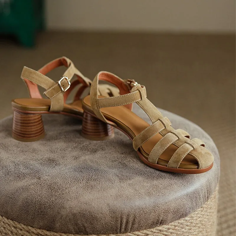 Womens Fisherman Shoes Handmade Suede Leather T Strap Gladiator Sandals in Green/Brown/Apricot