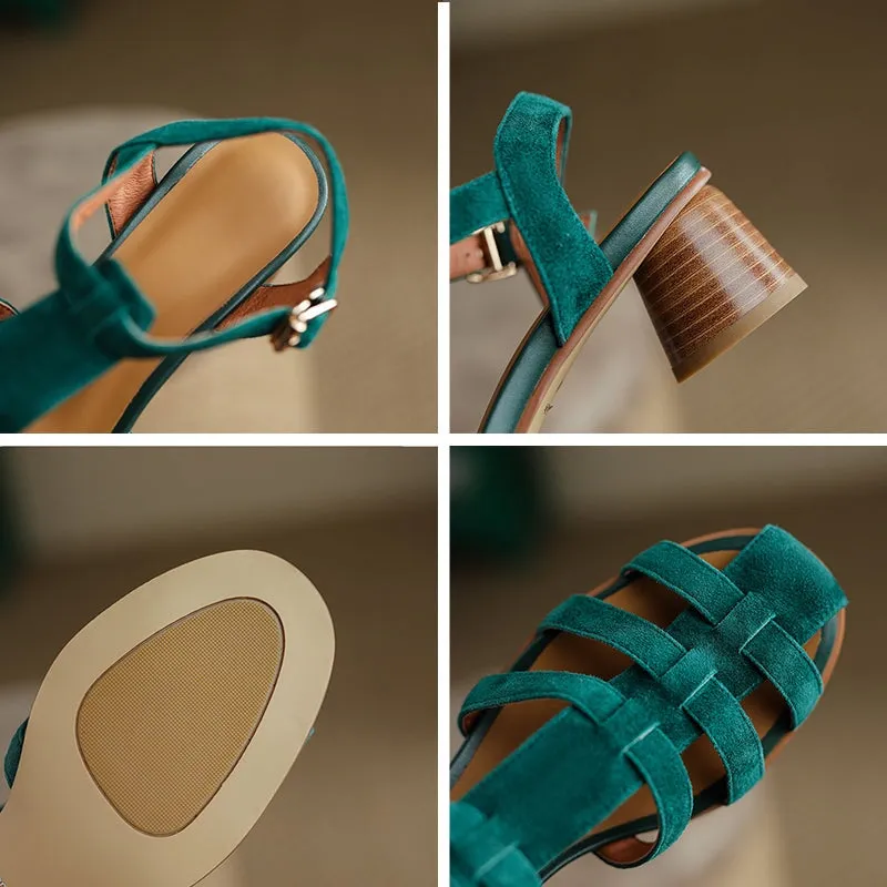 Womens Fisherman Shoes Handmade Suede Leather T Strap Gladiator Sandals in Green/Brown/Apricot